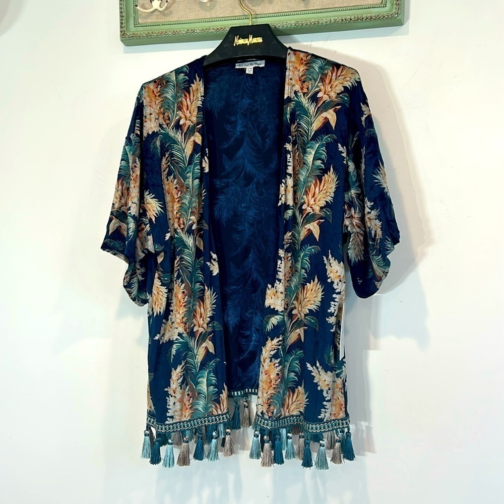 See And Be Seen AERIN FAUX VELVET FLORAL FRINGE KIMONO MIDNIGHT BLUE New S/M